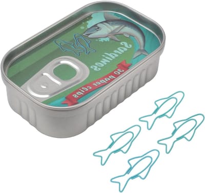 Visvormige paperclips in blauw en watergroen, afgeronde hoeken, handige opbergdoos, veelzijdig gebruik en kantooraccessoire