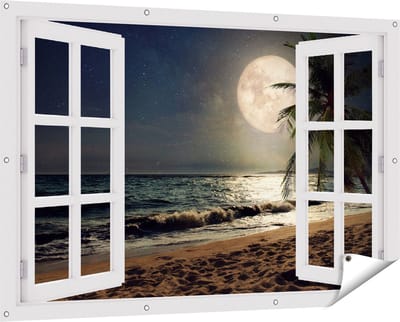 Gards Tuinposter Doorkijk Tropisch Strand in de Nacht met Volle Maan - 150x100 cm - Tuindoek - Tuindecoratie - Wanddecoratie buiten - Tuinschilderij
