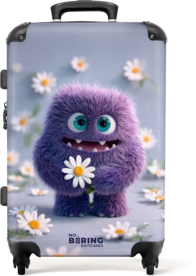 NoBoringSuitcases.com - Grote koffer - paars monster met madeliefjes - Kinderkoffer geschikt voor jongen en meisjes - Reiskoffer met 4 wielen - Trolley op wieltjes - Rolkoffer groot kinderen - 72 liter - Ruimbagage valies 20kg