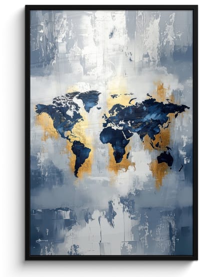 Poster in lijst - Fotolijst 80x120 cm - Posters - Wereldkaart - Blauw - Abstract - Posterlijst zwart - Decoratie - Wanddecoratie woonkamer - Muurdecoratie slaapkamer
