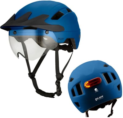 GOOFF® Pilot 4-in-1 Snorfiets Helm met Verlichting en Vizier - Speed Pedelec Fietshelm voor Volwassenen - NTA 8776 - Snorscooter Helm met LED Licht - Goedgekeurd voor Blauw Kenteken en E Bike - Dames en Heren - M - Blauw