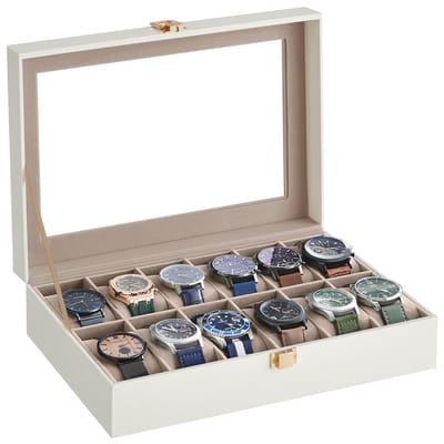 SONGMICS - Horloge Doos - Met 12 Vakken - Glazen Deksel - Uitneembare Kussens - PU Bekleding