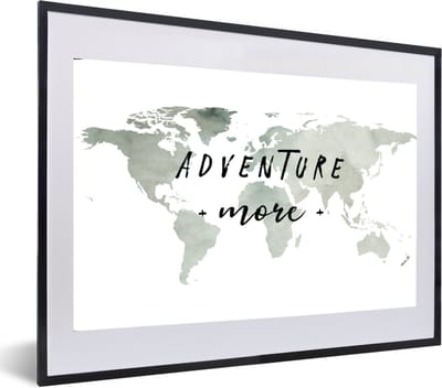 Poster in lijst - Fotolijst 60x40 cm - Posters - Wereldkaart - Adventure more - Waterverf - Posterlijst zwart - Decoratie - Wanddecoratie woonkamer - Muurdecoratie slaapkamer