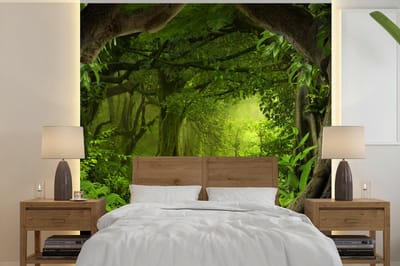 Behang - Fotobehang Jungle - Groen - Natuur - Tropisch - Planten - Breedte 300 cm x hoogte 300 cm