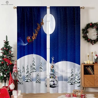 Kerstgordijnen Cartoon Feestelijke Sfeer Bedrukte Gordijnen Slaapkamer Woonkamer Restaurant Vakantiedecoratie Gordijnen Cadeau W50xH130(CM)x2PCS&Grommet Top blue