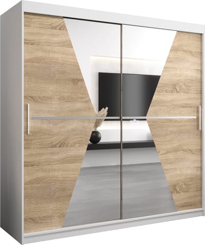 InspireMe - Kledingkast met 2 schuifdeuren, Modern-stijl, Een kledingkast met planken en een spiegel (BxHxD): 200x200x62 - TOTO 200 Wit Mat + Sonoma Eik