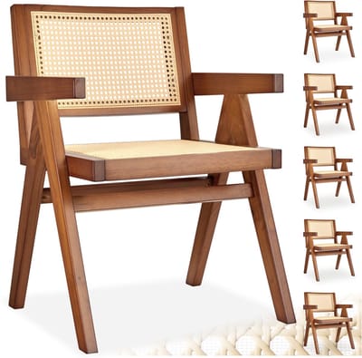 tectake® Houten Stoel Lizzy met Armleuning - Donker Eiken - Set van 6 Eetkamerstoelen met Weens Vlechtwerk - Boho-Stijl Stoel met Rugleuning - Massief Houten Frame - Belastbaarheid 120 kg