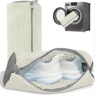 Sac de lavage à chaussures 360° en fibre moelleuse, réutilisable, lavable en machine, fermeture éclair, résistant à la décoloration, pour baskets et chaussures beige