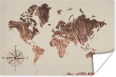 Poster 30x20 cm - Wereldkaart - Hout - Windroos - Posters - Kamer decoratie - Wanddecoratie woonkamer - Muurdecoratie slaapkamer