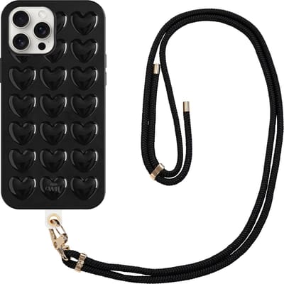 xoxo Wildhearts Heartbreaker Black Cord Case - Geschikt voor iPhone 11 Pro - Heart case met telefoonkoord - Hoesje met 3D Hartjes patroon - Case met hart - Verstevigde backcover met afneembaar koord - Hartjes patroon - zwart