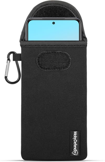 MobyDefend Hoesje - Geschikt voor Xiaomi Redmi Note 10 - Neopreen Pouch Met Karabijnhaak - Insteek - Riemlus - Zwart