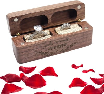 Houten trouwringdoos met gepersonaliseerde gravure voor 2 ringen en opbergtas voor verrassingscadeaus en bruiloften