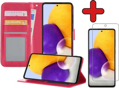 Hoesje - Met Screenprotector - Geschikt voor Samsung Galaxy A72 5G - Luxe Pasjeshouder - Flipcase - Bookcase Portemonee - Flip Case - Kunstleer Book Case - Book Cover - Walletcase - Portemonneehoes - Telefoonhoes - Donkerroze