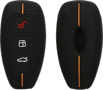 kwmobile autosleutel hoesje geschikt voor Ford 3-knops autosleutel Keyless Go hoes - Siliconen autosleutel behuizing - Auto sleutel case met honingraat - Sleuteletui in zwart / oranje