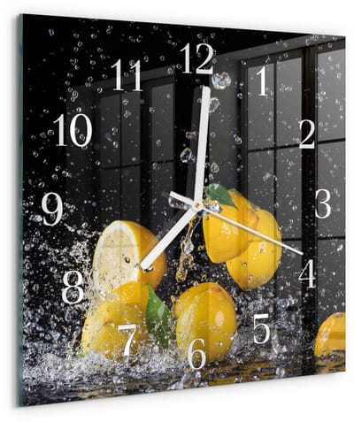 Tulup Wandklok - Citroenen Gekleurde Glazen Klok - 30x30 cm - Geel Glazen Klok Met Print - Witte Handen - Vierkante Wandklok - Moderne Wandklok Glas - Wandklok Glas Decoratie