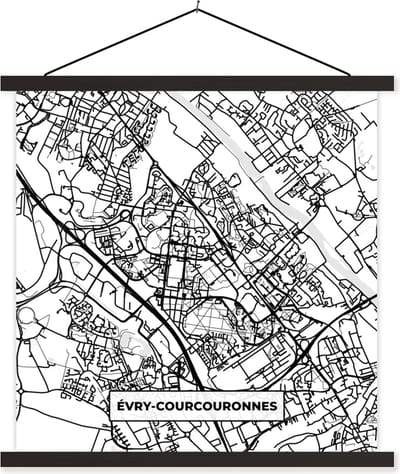 Posterhanger incl. Poster 60x60 cm - Schoolplaat - Frankrijk - Stadskaart - Plattegrond - Évry-Courcouronnes - Kaart - Textielposter - Zwarte latten - Stadskaart