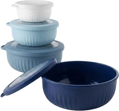 Mengkommen Set met Deksel 4 Delig, Stapelbare Siliconen Schalen voor Voedselopslag, BPA Vrij en Geschikt voor Vaatwasser en Magnetron (Blauw en Wit)