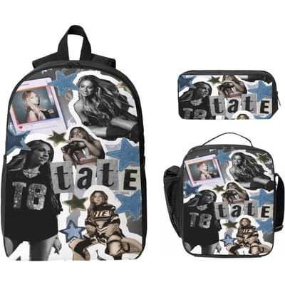 3 Stuks Tate McRae pop Schooltassen Set voor Meisjes Jongens Pennen Etuis Rugzak Sets met Lunchbox Voor School Leerlingen Daypack gray