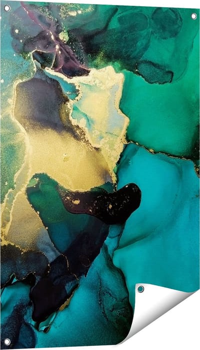 Gards Tuinposter Abstracte Kunst - Groen met Goud - 60x90 cm - Tuindoek - Tuindecoratie - Wanddecoratie buiten - Tuinschilderij