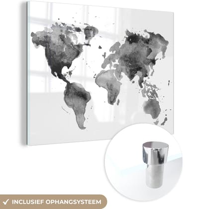 MuchoWow® Glasschilderij 80x60 cm - Schilderij acrylglas - Wereldkaart - Aquarel - Zwart - Foto op glas - Schilderijen