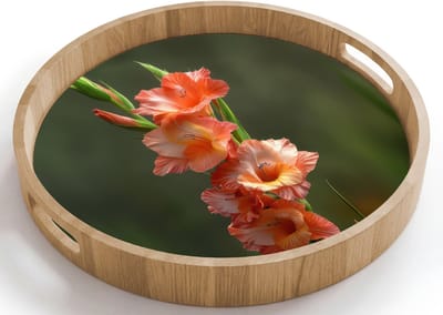 Dienblad rond 40x40 cm - Schootdienblad hout - Bloem - Gladiolen - Zalmroze - Borrelplank rechthoek - Plateau houten dienbladen