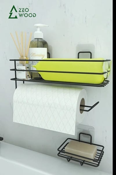 Zeo Wood® - Keukenrolhouder met Zeephouder - Papierrolhouder - Wandkeukenrolhouder Zonder Boren met Zeephouder - Handdoekhouder