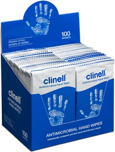 Clinell Antimicrobiële Handdoekjes - 100 Individueel Verpakte Desinfecterende Wipes - Dermatologisch Getest, Doodt 99,99% Bacteriën & Virussen - Ideaal voor Onderweg & Zorg