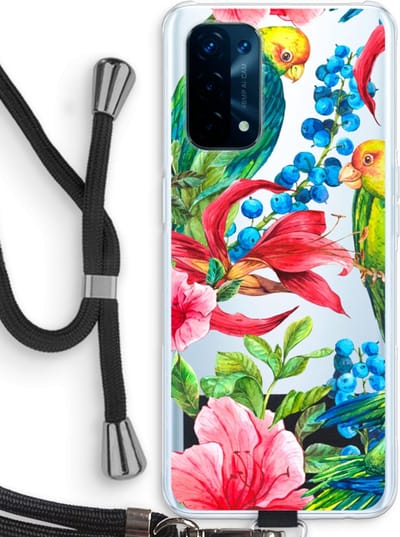 Case Company® - Hoesje met koord geschikt voor Oppo A74 5G hoesje met Koord - Papegaaien - Telefoonhoesje met Zwart Koord - Bescherming aan alle Kanten en Over de Schermrand