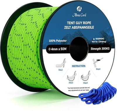 Reflecterend Scheerlijn Set 4mm 50M met 10 Aluminium Spanners voor Tent, Camping en Luifel