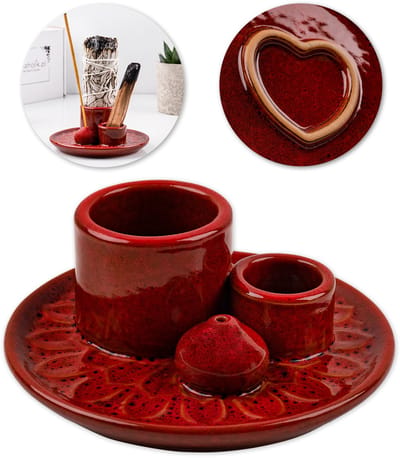 Aromaholik MULTO - Keramische Wierookhouder - Rood - Sierlijke Loofdecoratie - 3-in-1 Functionaliteit