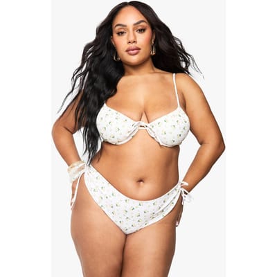 boohoo Dames Plus Ditsy Floral Gerimpte Bum Tie Zij Bikini Slip | Yellow | Maat: 22