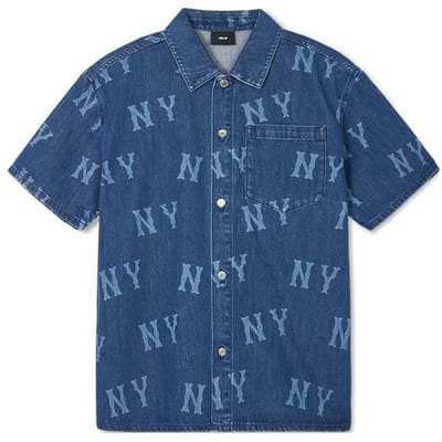 MLB New York Yankees Groot Logo Enkele Rij Knopen Denim Street Style Logo Korte Mouwen Shirt Unisex shirts Indigo 3ADRB0243-50INS S gray