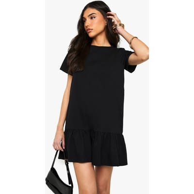 boohoo Dames Katoenen smockjurk met ruffles en losse zoom | Zwart | Maat: 40