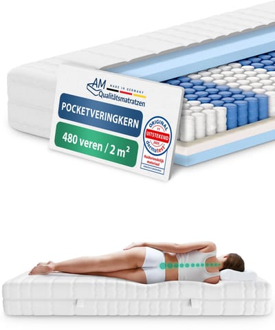 AM Qualitätsmatratzen - Ergonomisch 7-Zone Pocketveringmatras 90x190 cm - Stevig (H4) - 20cm - Matras met 7 ergonomisch ligzones - OEKO-TEX - 7-zone matras 90 x 190 cm - 480 veren