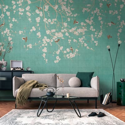 Fotobehang Profhome 399211-GU vliesbehang hardvinyl warmdruk in reliëf glad met bloemen patroon mat blauw crèmewit beige grijs 3,71 m x 2,8 m