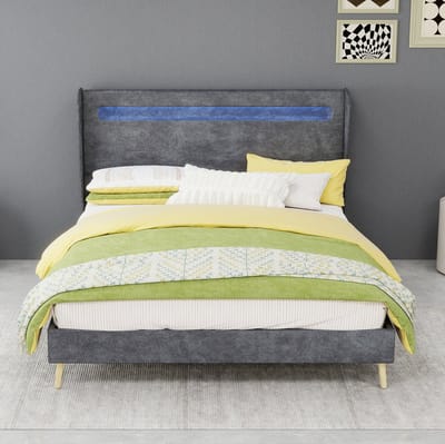 MIVRAY Gestoffeerd Bed 140x200 cm - Tweepersoonsbed met Verstelbaar Hoofdbord en LED Verlichting - Zonder Matras - Stof en Metaal - Grijs