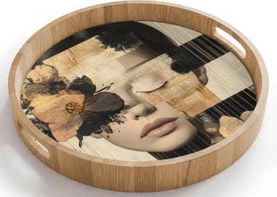 Dienblad rond 40x40 cm - Schootdienblad hout - Gezicht - Bloemen - Zwart - Vrouw - Borrelplank rechthoek - Plateau houten dienbladen