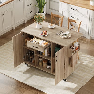 Keukeneiland / Keukenwagen - 92,9x120x43,5 cm - Klapbaar Werkblad met Lade en Kast - Mobiele Keukenwagen - MDF / Hout - Sonoma Eiken