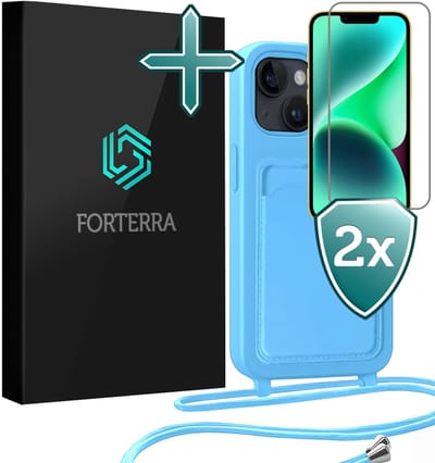 Hoesje Geschikt voor iPhone 13 Pashouder Case Siliconen Hoes Met Koord Met 2x Screenprotector - Hoes Geschikt voor iPhone 13 Met Telefoonkoord Hoesje Back Cover Met Pasjeshouder - Lichtblauw