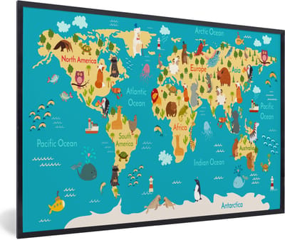 Poster in fotolijst kind - Wereldkaart - Kinderen - Dieren - Geel - Blauw - Jongens - Meisjes - Kinder decoratie - 90x60 cm - Schilderij voor kinderen - Wanddecoratie kinderkamers