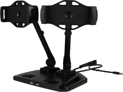 DELTACO ARM-257 Standaard met 2-armen, Universele houders voor Smartphone & Tablet (4 – 12,2 inch), 360 graden rotatie, 2 ingebouwde USB 2.0-poorten, zwart