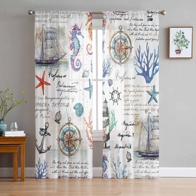 Marine Plant Koraal Zeilboot Anker Raam Tule Gordijnen voor Woonkamer Slaapkamer Hotel Luxe Decoratie Transparante Gordijnen 135W x 114H(cm) white
