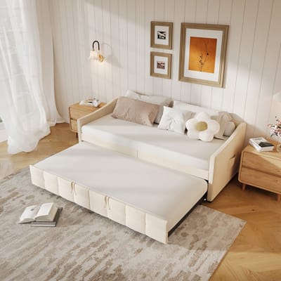 Uitschuifbaar slaapbank 90x200cm, slaapbank, gestoffeerd uitschuifbed, logeerbed, fluwelen stoffen bed, uitschuifbaar tot 2 eenpersoonsbedden, slaapbank voor volwassenen 2 personen, zonder matras (beige) - Verdeeld in 2 pakketten voor verzending