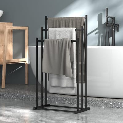 Handdoekrek - Handdoekrek Badkamer - Handdoekenrek - Handdoekrek Vrijstaand - Extra Breed en Hoog - Zwart - 3 Rails - Handdoekstang - Metaal