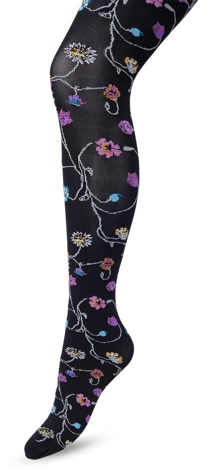 Bonnie Doon Bloemen Panty 80 Denier Zwart Dames maat S/M - Bloemen Print - Gladde Naden - Maximaal Draagcomfort - Floral Tights - Chique Panty - Feestelijk - Gebloemd - Kleurrijk - Bloemenprint - Black - BP221906.101