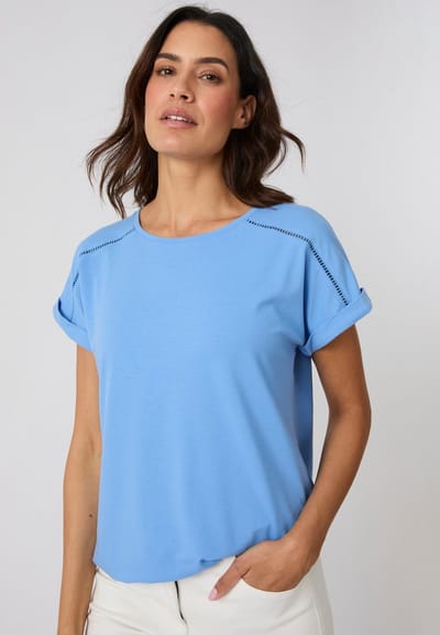 Damart - Climatyl T-shirt met dagdetail en schouderaccenten - Dames - Blauw - XL