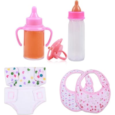 Babypop Accessoires Set 7 Delen Voedings- & Verzorgingsset met Magische Flesjes Speen Luiers Slabbetjes Poppen Speelgoed Cadeau voor Kinderen pink