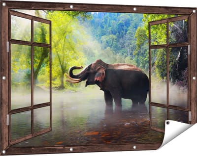 Gards Tuinposter Doorkijk Olifant in het Water - 120x80 cm - Tuindoek - Tuindecoratie - Wanddecoratie buiten - Tuinschilderij