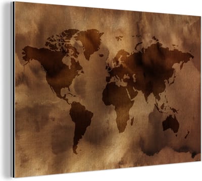 Wanddecoratie Metaal - Aluminium Schilderij Industrieel - Wereldkaart - Bruin - Patronen - 120x80 cm - Dibond - Foto op aluminium - Industriële muurdecoratie - Voor de woonkamer/slaapkamer
