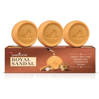 Santoor Royal Sandal Detan Pak | 3 Zeepjes (150g Per stuk) | 100% Sandelhoutolie & Poeder | 3-Staps Natuurlijke Ontbruining | Vermindert bruining, Verbetert teint, Gelijkmatig orange